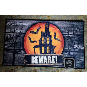 New HALLOWEEN Accent Rug 17" X 30" BEWARE/HAUNTED HOUSE Indoor/Outdoor